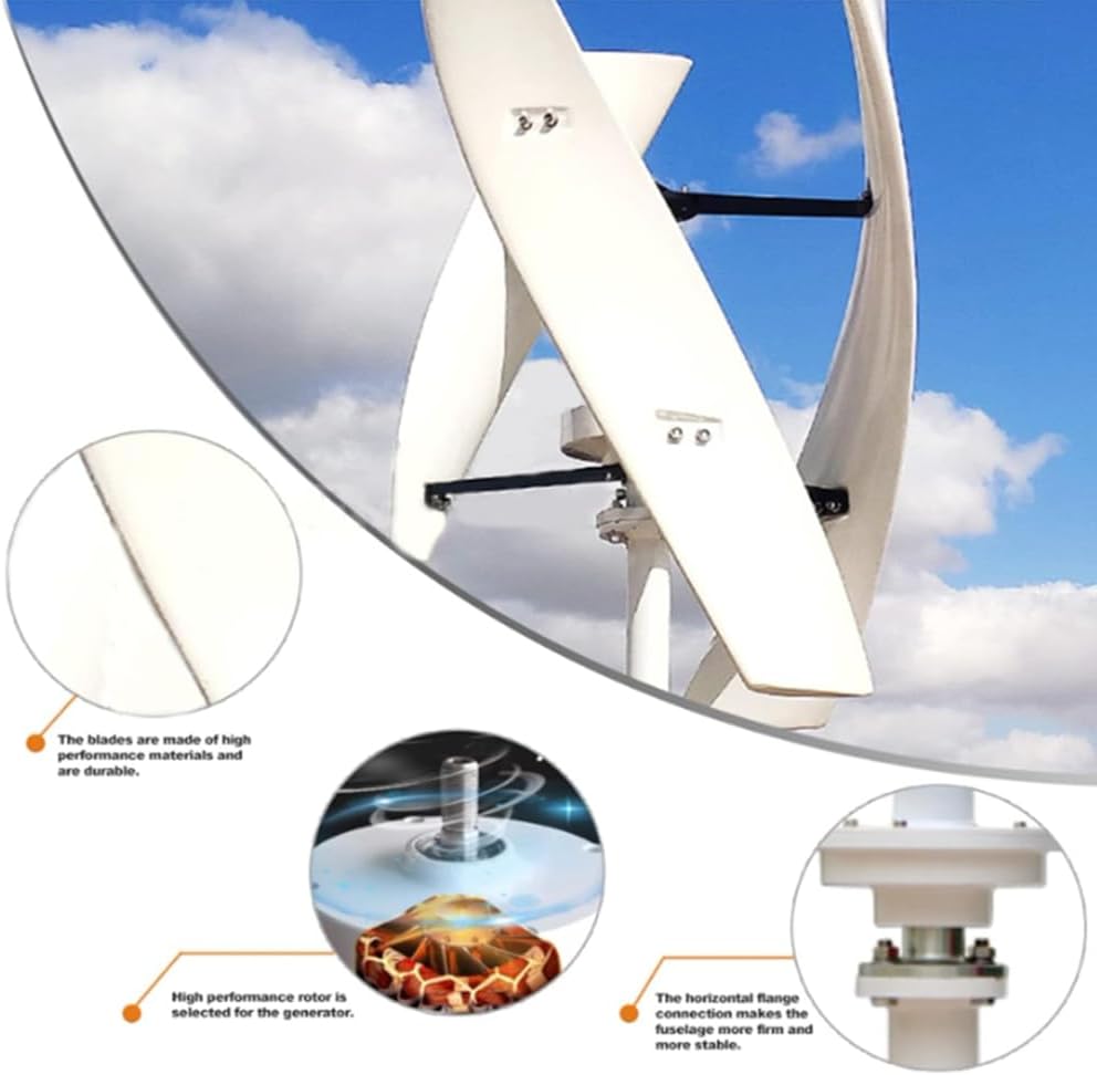 100W-3000W Quiet Vertical Wind Turbine Generator Kit, 12V/24V/48V/220V Low Noise Low Wind Speed Start Windmill Generator (White)