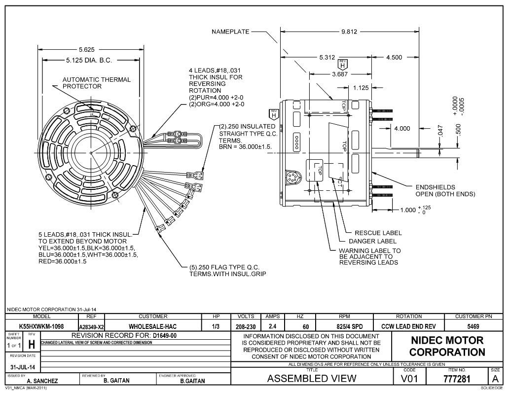 NIDEC MOTOR CORPORATION (Emerson / US Motors) 5469 EMERSON RESCUE MOTOR