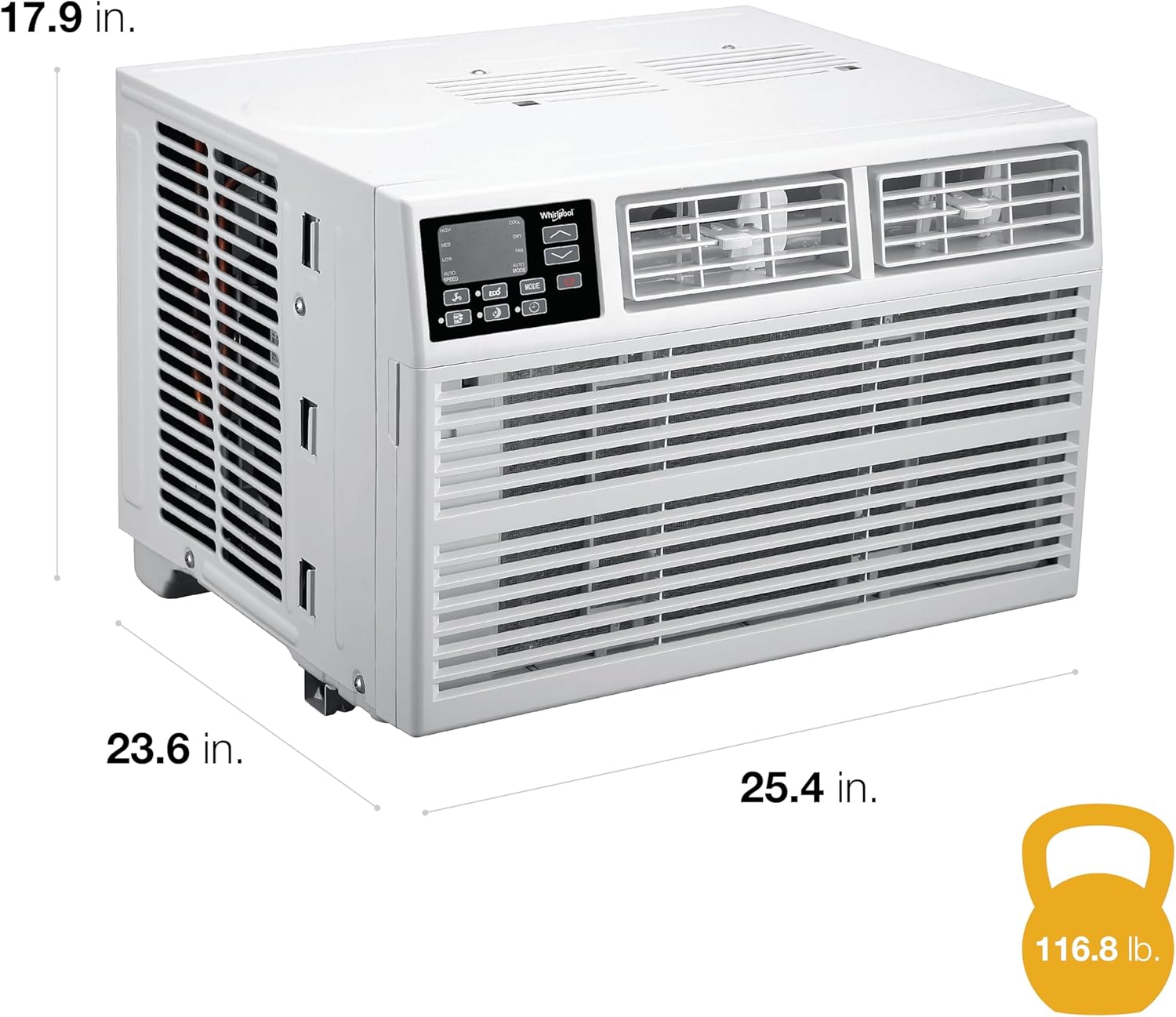 Whirlpool 18,000 BTU Window Air Conditioner with Dehumidifier, 230V, Window AC for Large Rooms up to 1000 Sq. Ft., Bedroom, Living Room, Apartment, with Remote, 3 Speeds, and 24H Timer, White