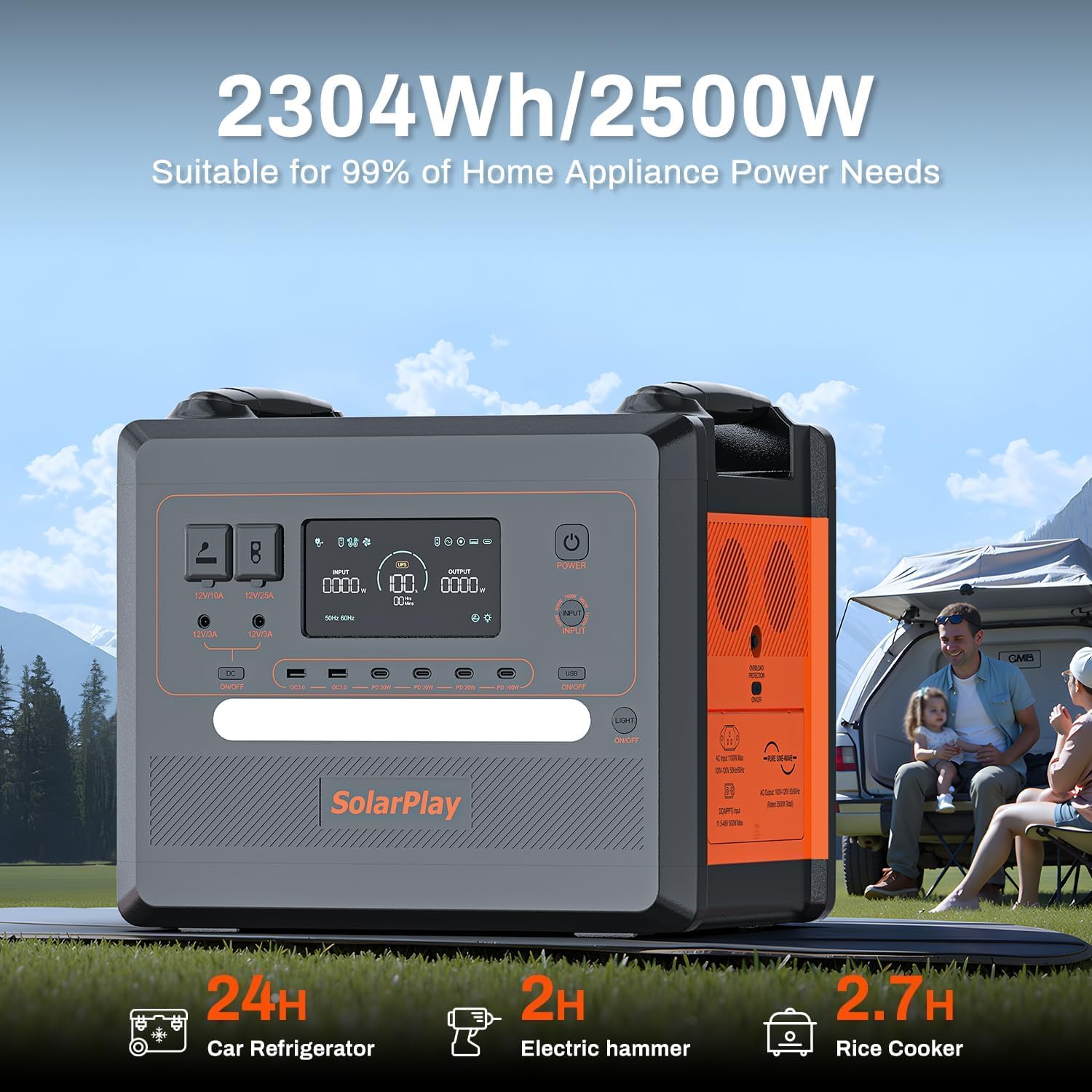 SolarPlay 2500W Portable Power Station(Peak 4800W), 2304Wh Solar Generator with 200W Solar Panel BMS Emergency Solar Battery Backup for Home Camping Outdoor Battery Backup