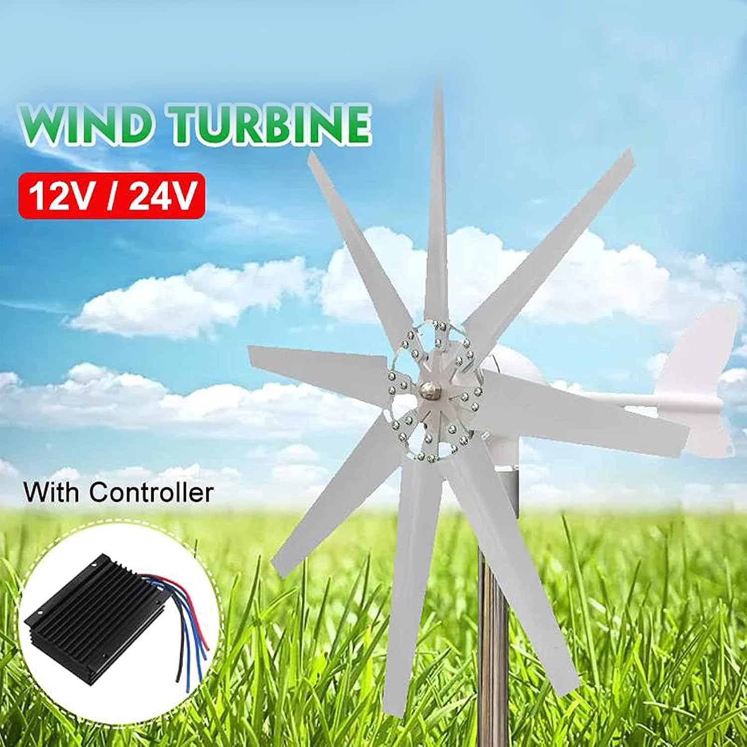 9000W Small Wind Turbine with 8 Blades, MPPT Controller, Low Noise, High Efficiency, 24V, Ideal for Home Use, Renewable Energy Solution, Eco-Friendly Power Generation