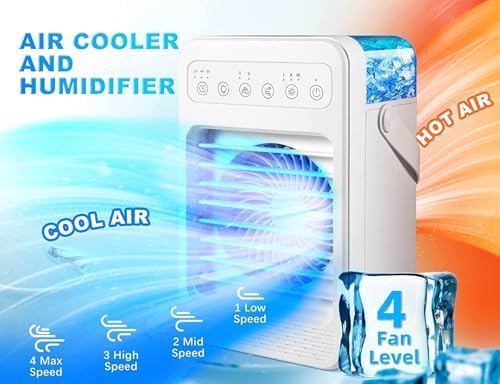Portable Air Conditioners, Mini Air Conditioner Personal Evaporative Air Cooler with 4 Speeds 7 Colors, 600ML Portable Ac Unit Fan 2 Cool Mist Cooling Fan for Room Office Car