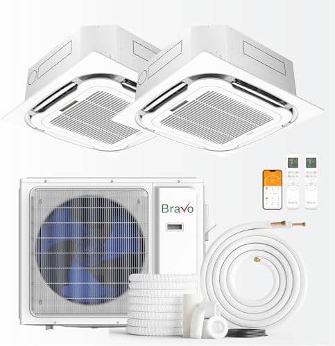 BRAVO 24,000 BTU Dual Zone 12000 + 12000 BTU Ceiling Cassette, 23 SEER2 Ductless Mini Split AC & Heat Pump – Includes Smart Control & 16FT Installation Kits – Inverter System