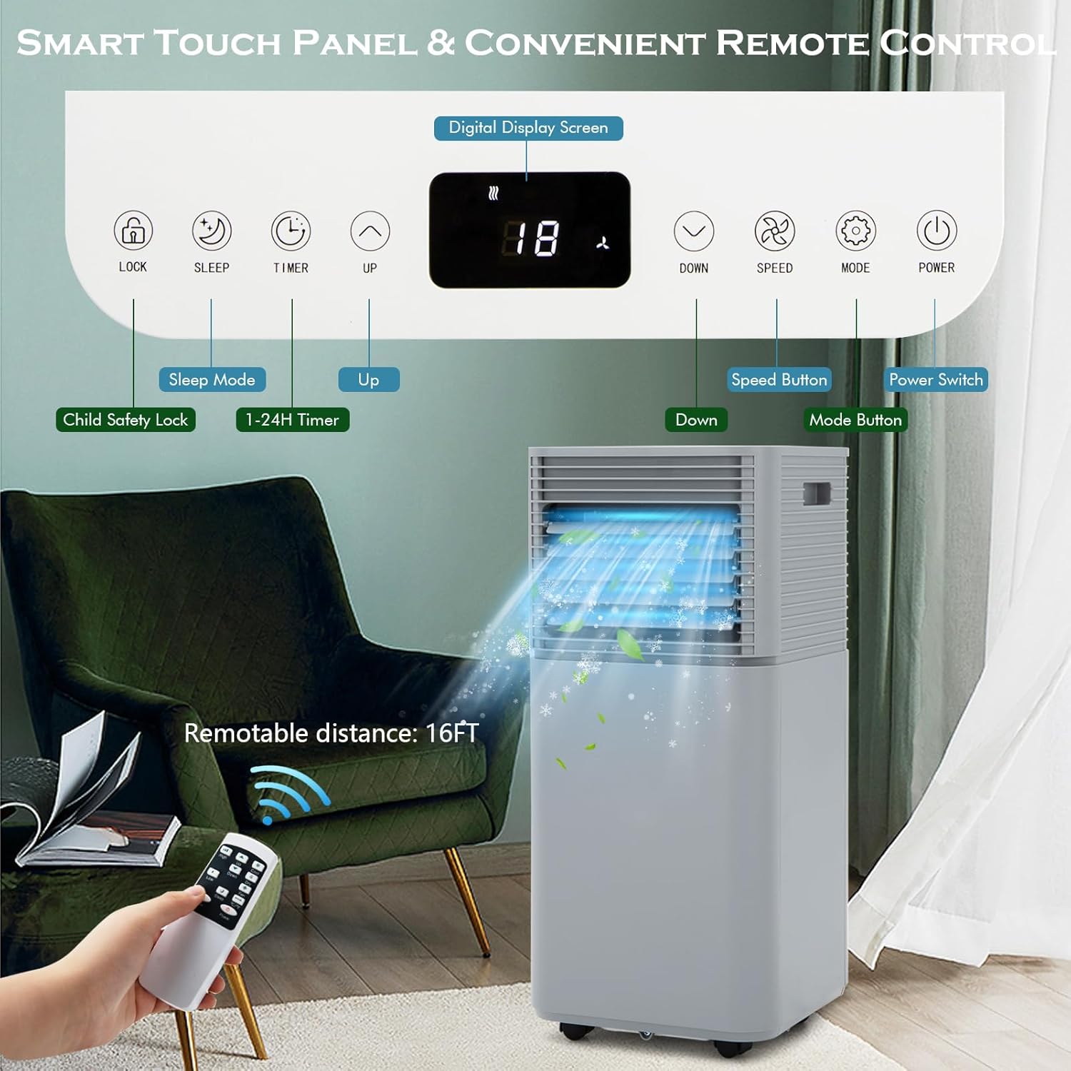 SIMOE Portable Air Conditioner for Room, 10000BTU Portable AC Unit Cooling up to 350 sq.ft, w/ 24H Timer, Remote Control & Window Kit, AC Built-in Cooling, Dehumidifier & Sleep Modes, 2 Speed