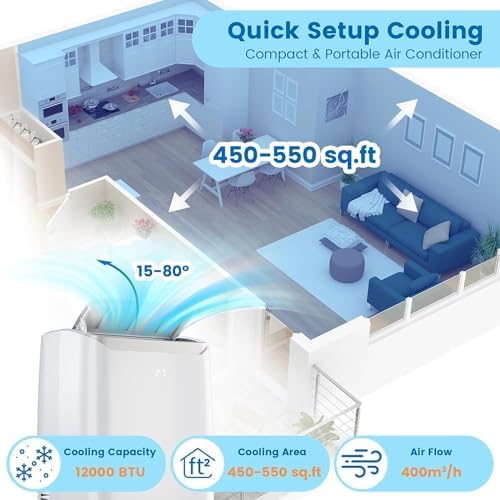 Acekool 12,000 BTUs Portable Air Conditioners with Remote Control, 3-in-1 Portable AC Unit with Dehumidifier & Fan, Cools Room up to 550 sq.ft., Smart/Sleep Mode, 24H Timer