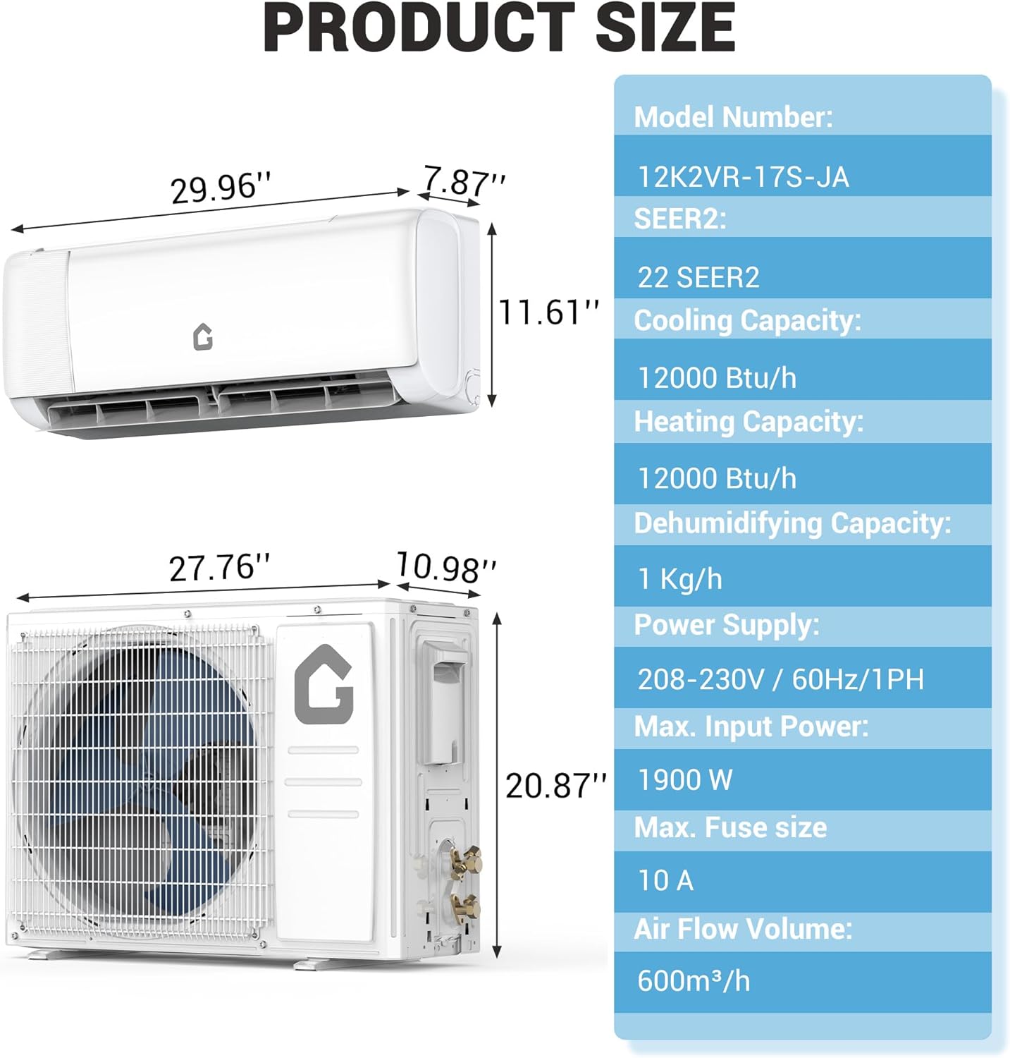 12000 BTU Mini Split Air Conditioner,22 SEER2 Mini Split AC,Cooling/Heating up to 750 Sq.Ft,Smart Ductless Inverter System,WiFi Control,Energy Efficient,ECO Mode,Self-Clean,Include Installation Kit