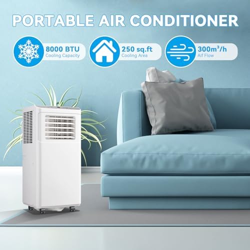 WANAI 8000 BTU Portable Air Conditioners Cools Up to 250 Sq.Ft, 3-in-1 Portable AC Units with Remote Control, Dehumidifier and Fan Mode, Suitable for Home, Dorms, Office, Apartment