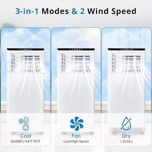 8,000 BTU Portable Air Conditioners Cools Up to 350 Sq.Ft, 3-In-1 Portable AC Unit With Dehumidifier, Fan, Cooling Mode & Window Kit, Room Air Conditioner Portable for Bedroom, Living Room, Office