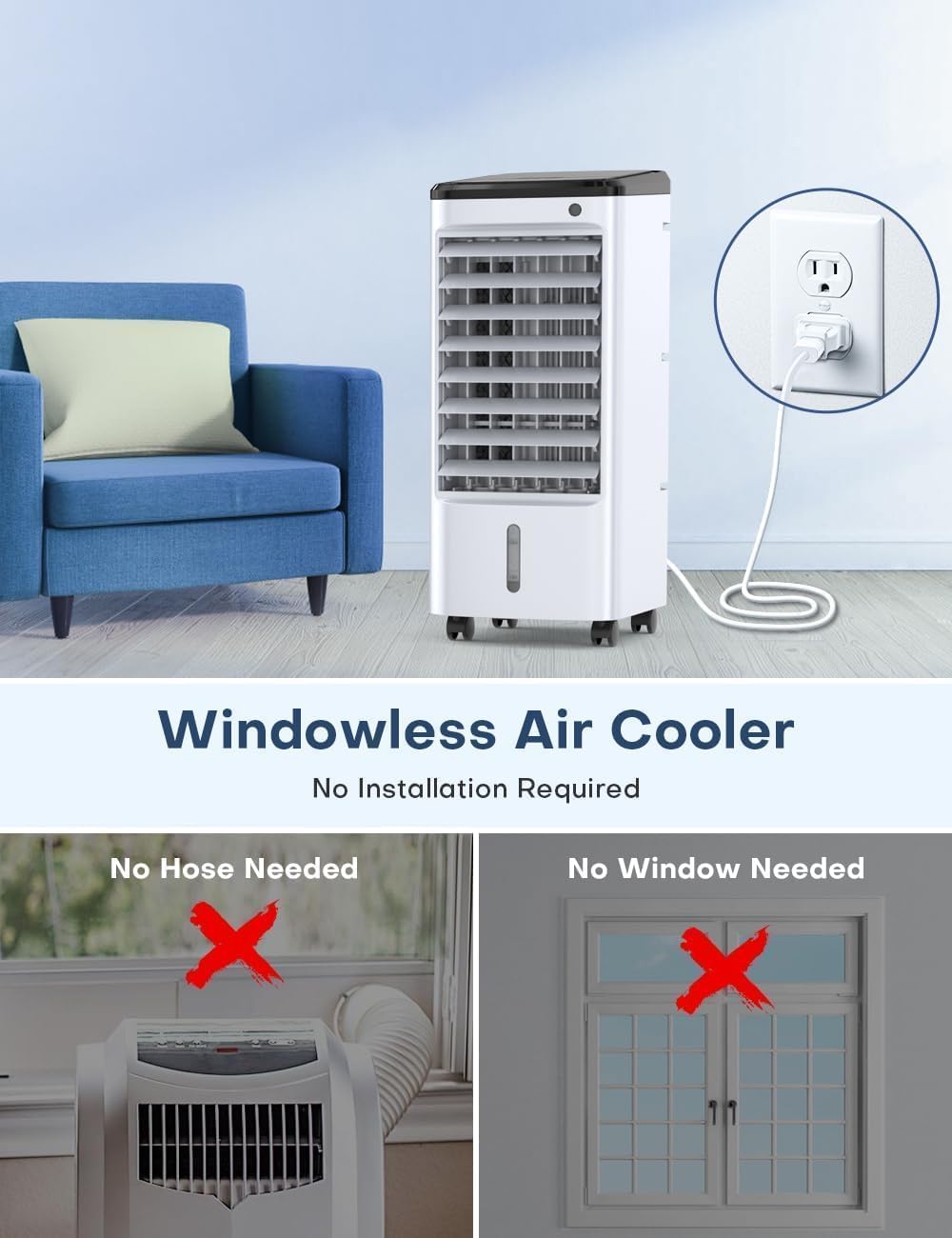 Windowless Air Conditioner with 6 Ice Packs, 3 Modes & 3 Speeds Swamp Cooler Air Conditioner, 12H Timer, 4L Tank for 24H Cooling, Remote, Dual Tank Portable Air Conditioners No Windows Needed