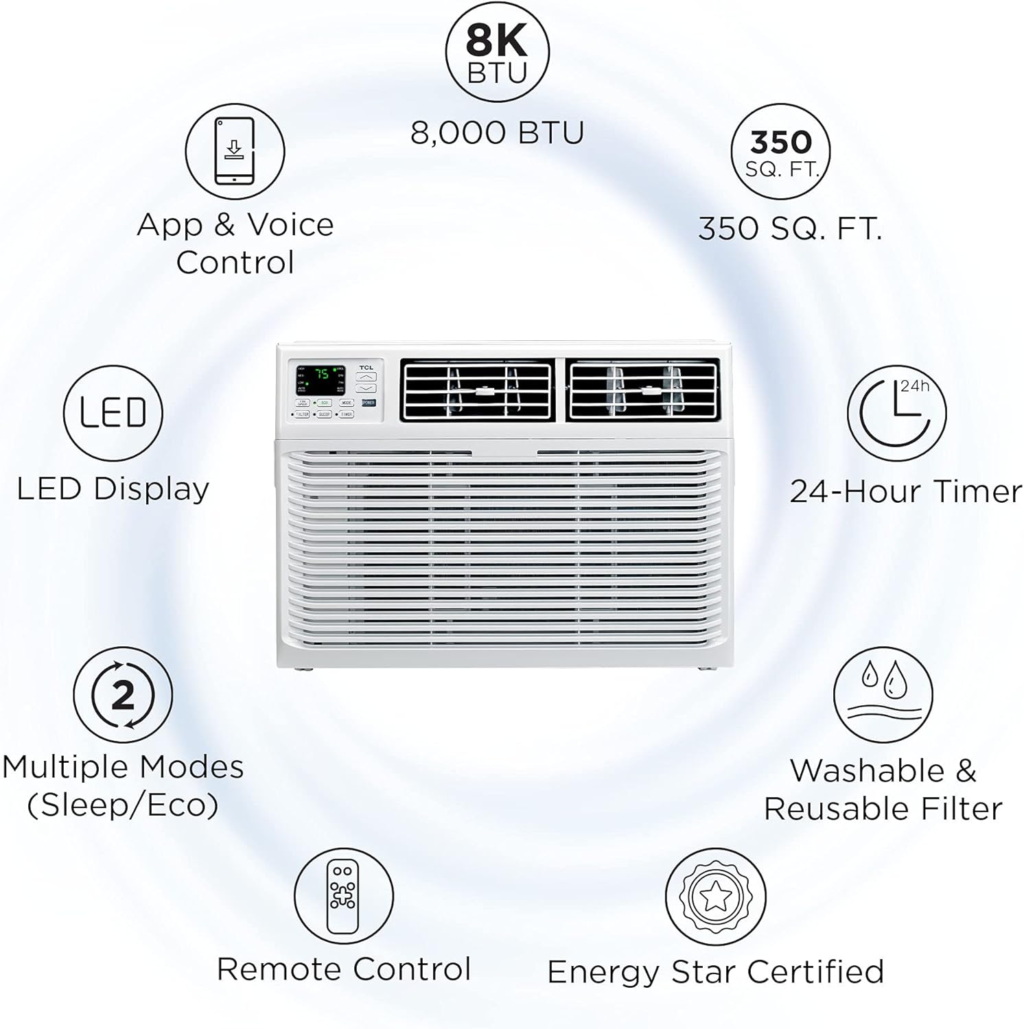 TCL Home 8,000 BTU Smart Window Air Conditioner, App & Voice Control, Energy Star, Cools Rooms up to 350 Sq. Ft., 3 Fan Speeds, Quiet, Multiple Modes, Remote Control (8W9ER1-A)