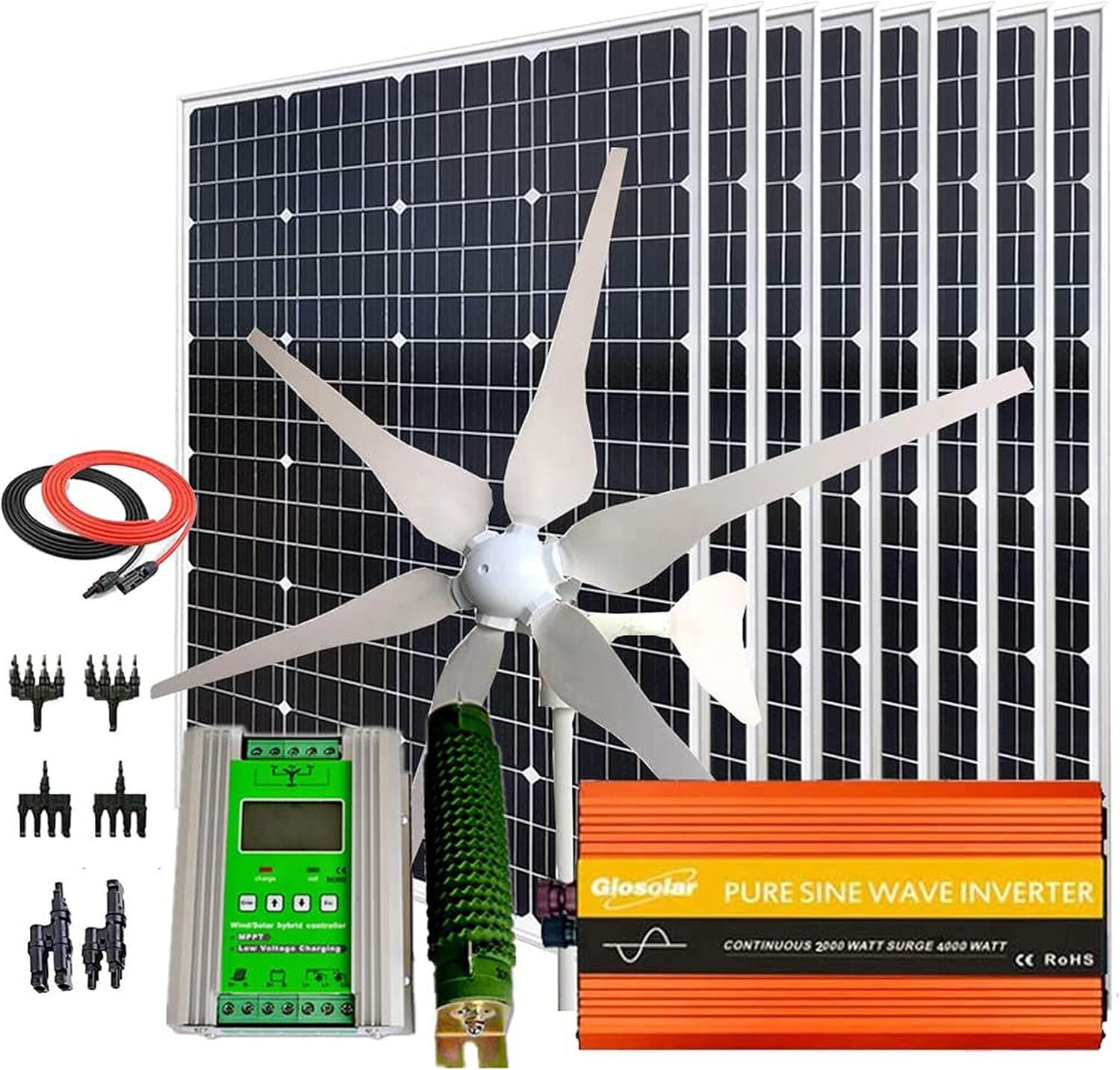 1300W 24V Wind Solar Kit: 400W Wind Turbine Generator + 8pcs 120W Monocrystalline Solar Panel + 3000W Pure Since Wave Inverter(Peak 6000W)+Accessories