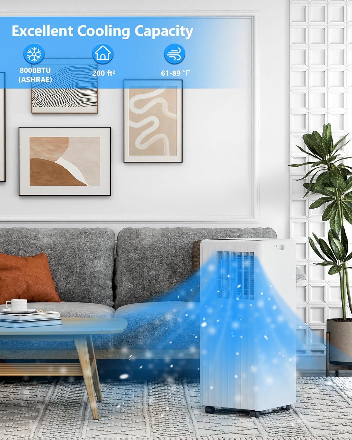 8,000 BTU Portable AC Unit – 3-In-1 Cooling, Dehumidifier & Fan for 350 Sq.Ft Spaces, Easy Setup with Window Kit, Remote & Timer (White)