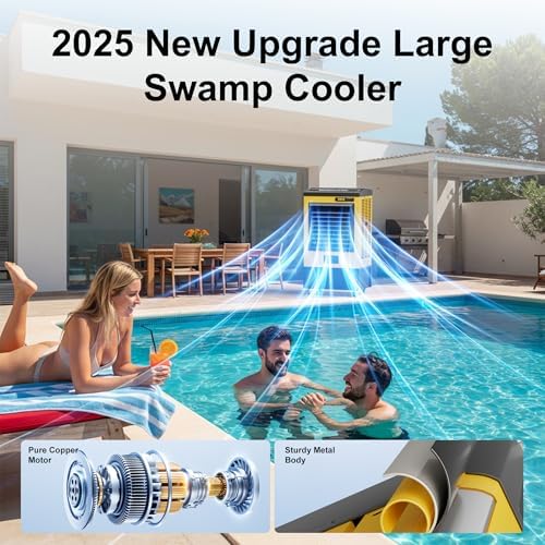 AKIRES 6500CFM Swamp Coolers,Evaporative Air Cooler for 1600Sq.ft of Space,with Continuous Auto Fill,19-Gal Water Tank,120°Oscillation,5 Ice Packs,Cooling Fan for Outdoor,Indoor Yellow(48IN)