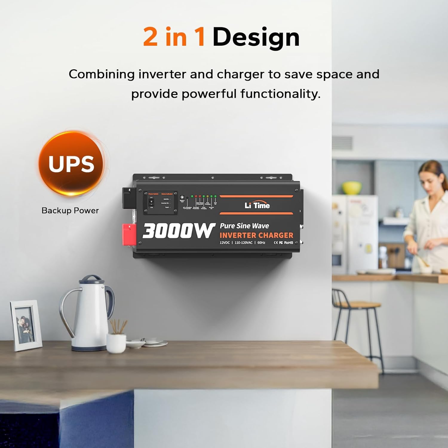 LiTime 3000W Inverter Charger, Pure Sine Wave Inverter 12V DC to 120V AC, 9000W Peak Power, UPS Function, 5A - 45A Adjustable Current, LCD Remote Control for RV, Home Backup, Truck, Boat