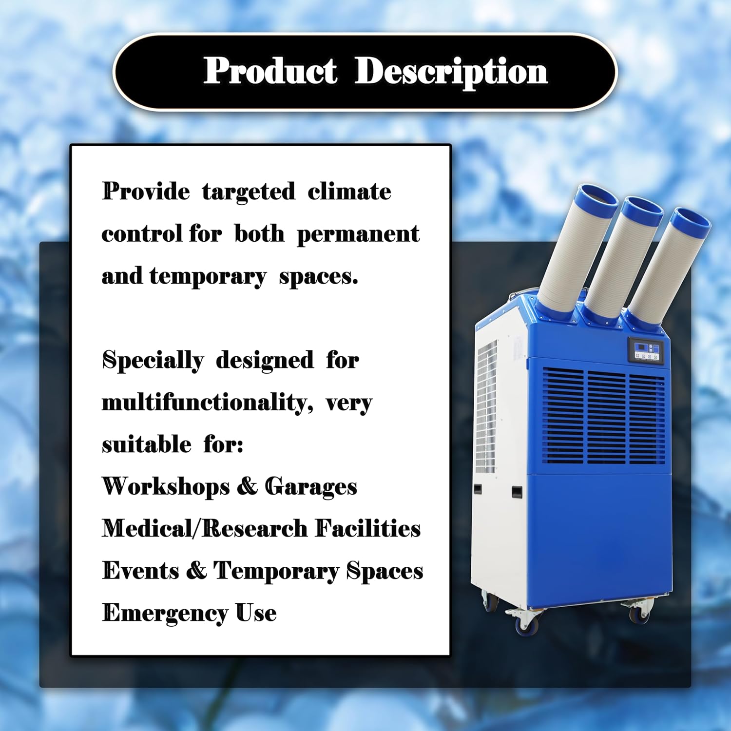 220V Industrial Air Conditioner Portable Industrial Cooling Unit 22178 BTU/h Three-Tube 14L Tank for Hospitals Workshops Events 2400W