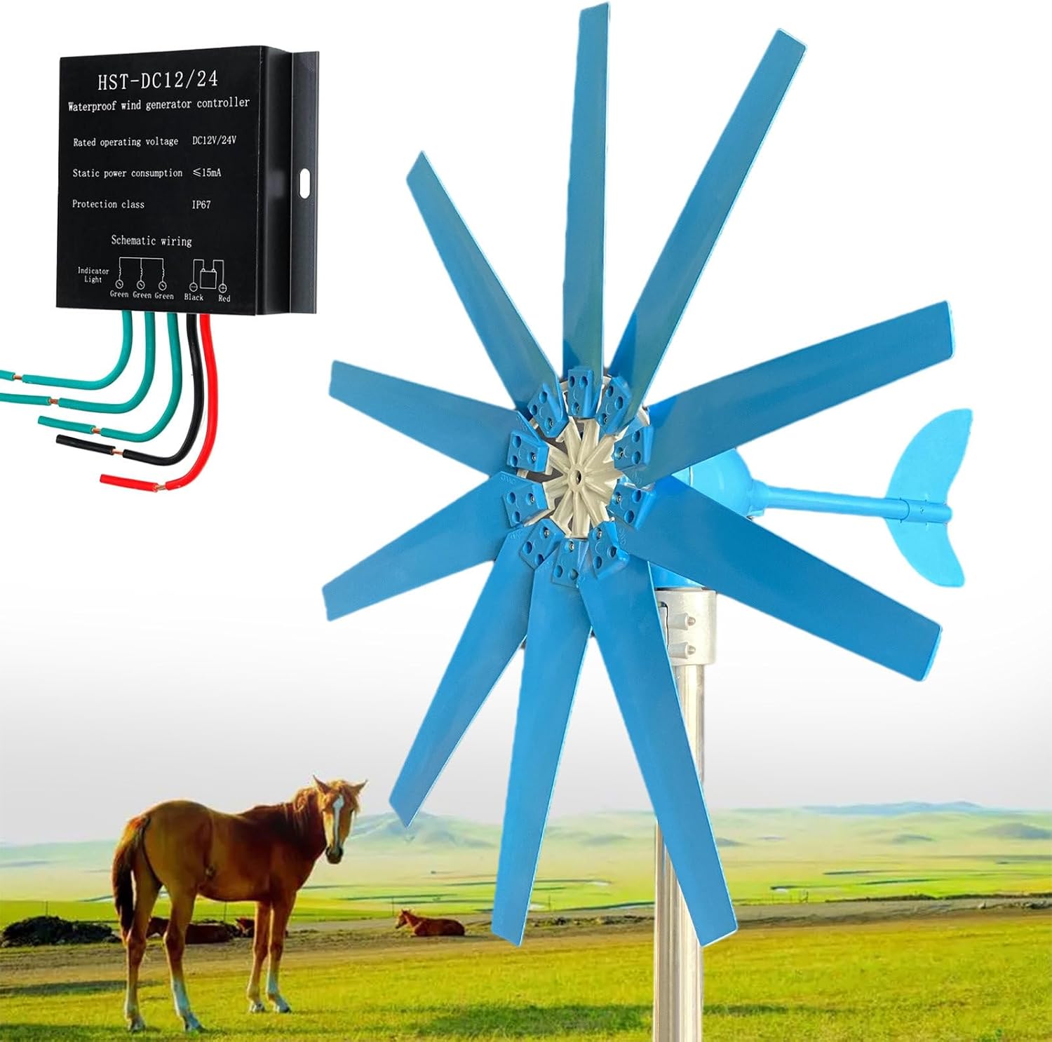 Magnetic Levitation Wind Turbine 12000W with Controller, Blue 10 Blades Wind Turbine Generator Kit for Home, Farm, RVs, Boats,48V