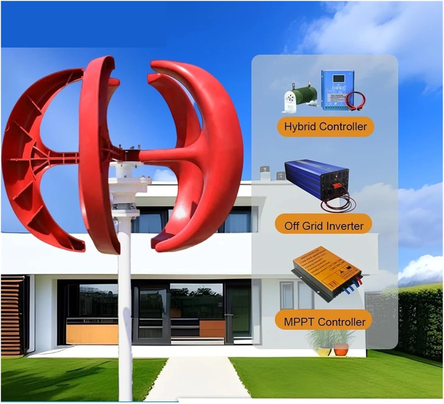 Wind Turbine Generator 5000W Vertical Axis Wind Turbine 48V 24V12V tive Energy Generator AC Output Household Complete Kit Industrial Energy(Red,with MPPT Controller_48V)