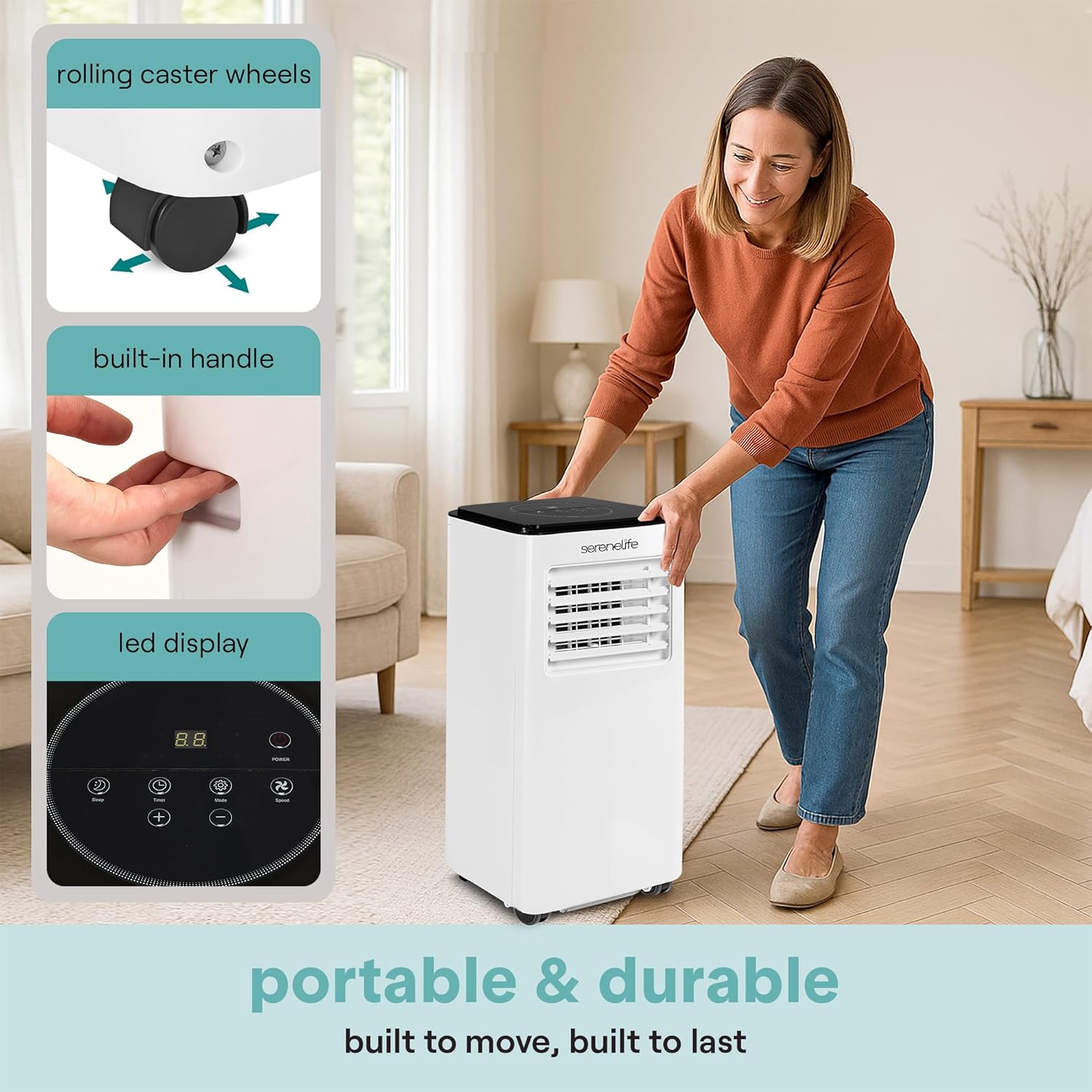 SereneLife 8000 BTU Portable Air Conditioner, Compact 3-in-1 Portable AC for Room Up to 350 Sq Ft with Dehumidifier & Fan Function, Remote Control, Window Mount Kit, Single Duct, 13