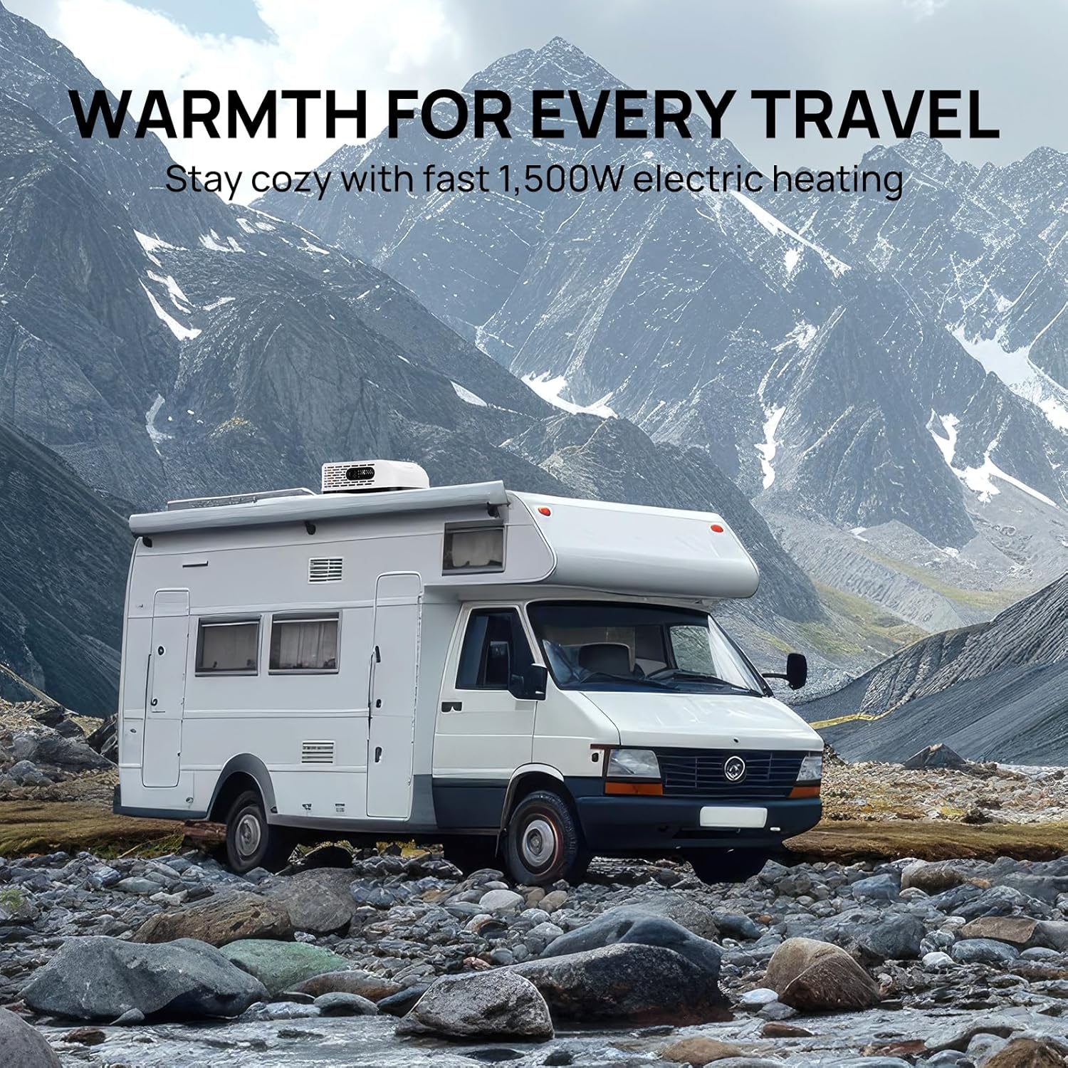 TURBRO RV Air Conditioner, 15,000 BTU Cooling with 1,500W Electric Heating, Non-ducted Rooftop Unit with Lift Handles, Ceiling Assembly with Atmosphere Lamp, 115V AC, Remote and WiFi-Controlled, White