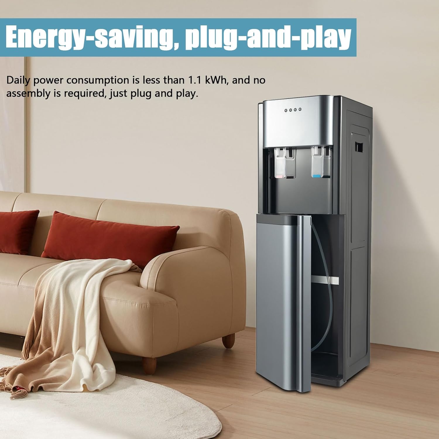 Bottom Loading Water Dispenser for 5 Gallon Bottle, Stainless Steel Portable Water Cooler Dispenser with LED Light - Hot and Cold Water, Anti-Rust Coating for Home, Office, Living Room, Dark Gray