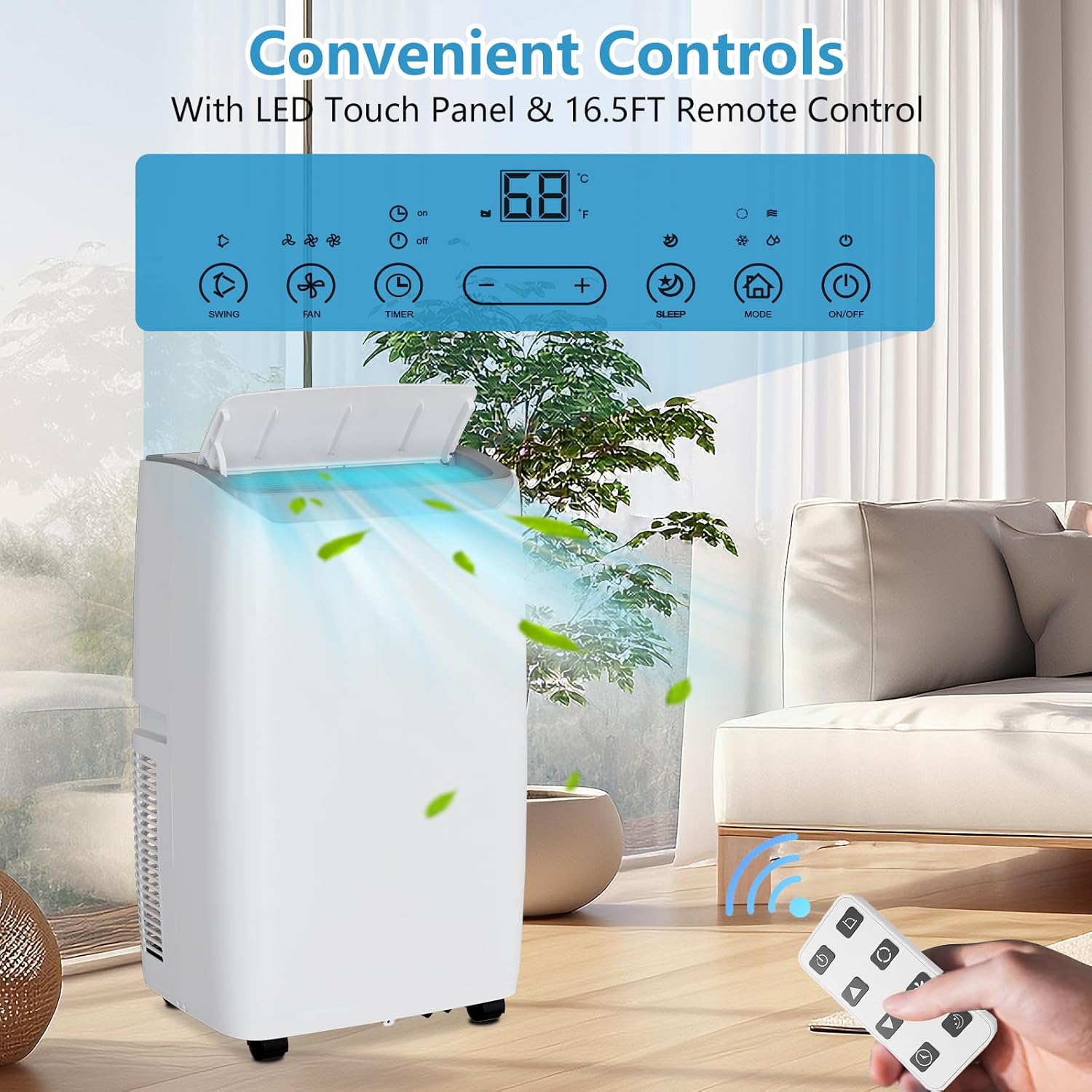 Portable AC, 14000 Btu Portable Air Conditioners with Remote Control, LED Display, 24h Timer, Installation Kits, Portable Ac Units for Rooms Cool Up to 750 Sq.Ft, White