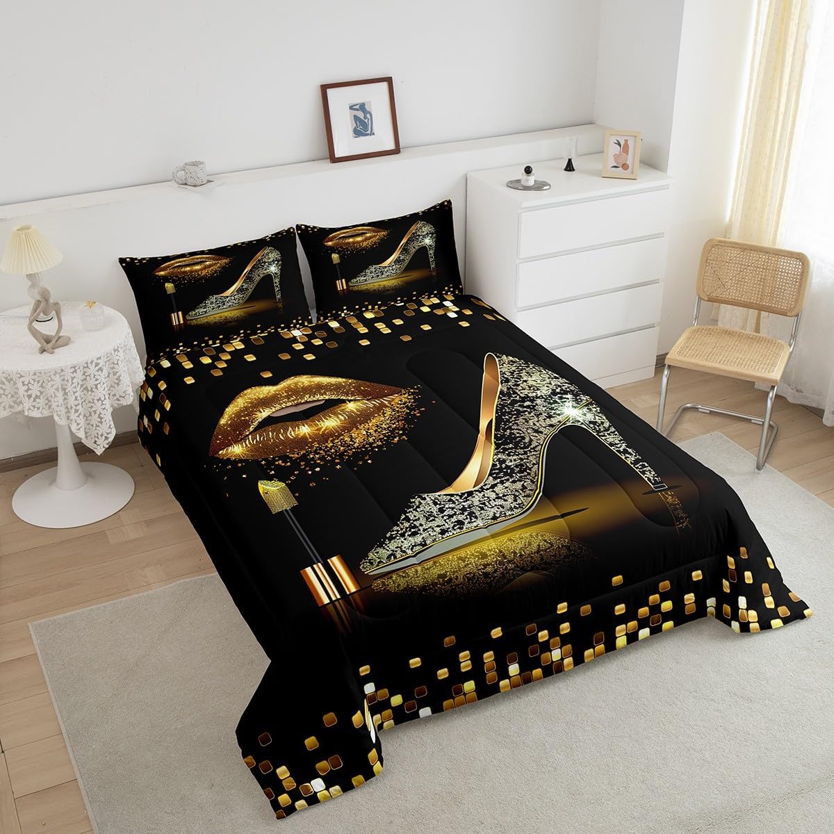 Manfei Gold Glitter Lips Comforter Set King Size, Black Golden High-Heeled Shoes Bedding Set 3pcs for Boys Girls Room Decor, Geometric Grid Quilt Set Fashion Duvet Set with 2 Pillowcases