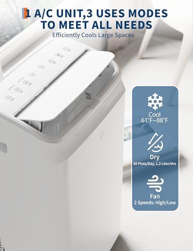 14,000 BTU Portable Air Conditioner, 3 in-1 Standing AC Unit with Dehumidifier and Fan, Remote and LED Touch Panel, Sleep Mode, Window Kit, Cools up to 750 Sq.Ft., Quiet Operation, White Top