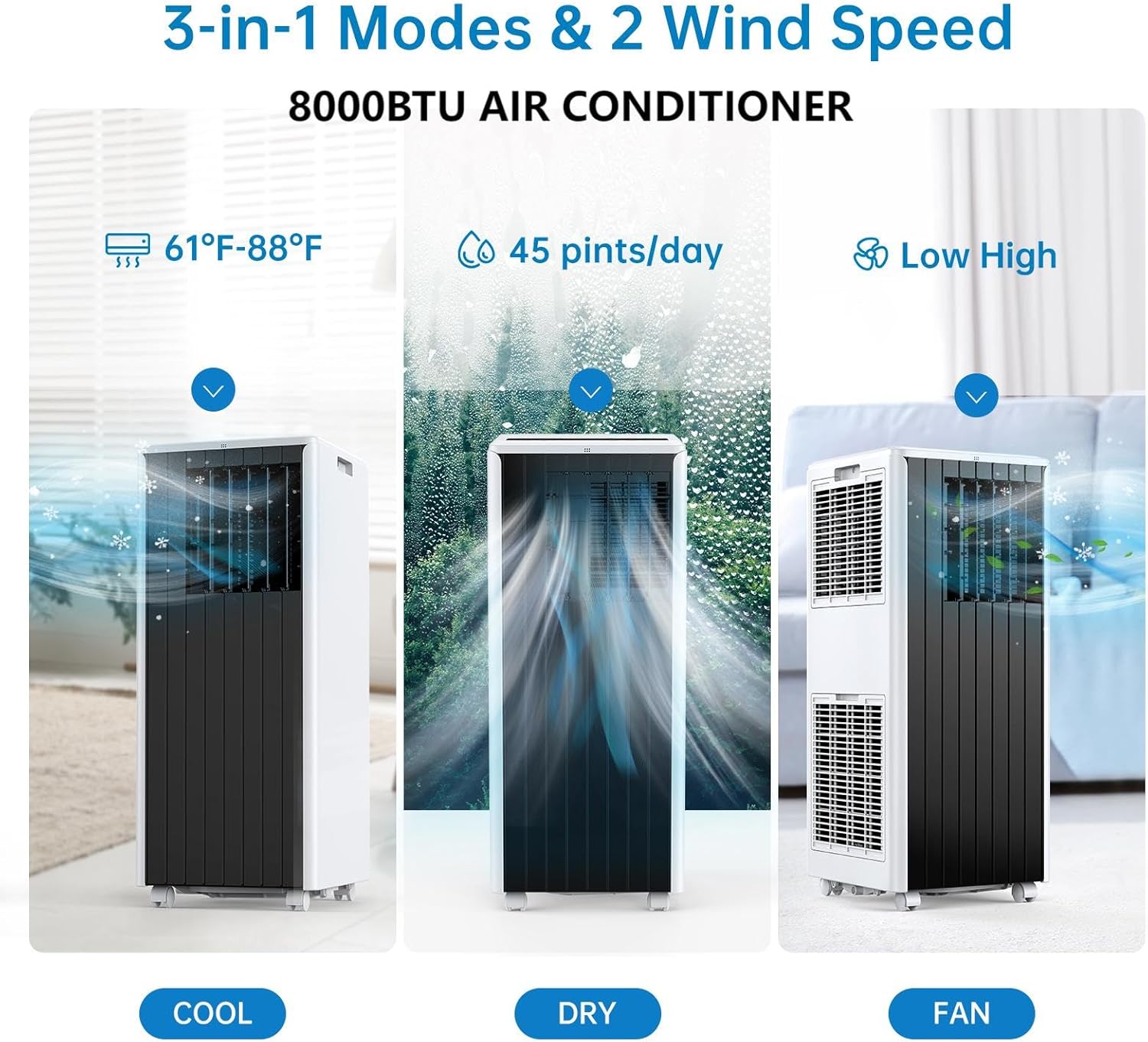 Air Conditioner 8000 BTU Portable Air Conditioner, 3-In-1 AC Unit with Fan, Cool & Dehumidify Modes, Air Conditioners Cool Up to 350 Sq.Ft, Remote & LED Touch Control (Gray)