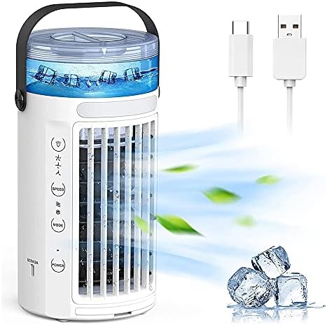 Portable Air Conditioner Fan, Mini Evaporative Air Cooler Super Quiet Desk Air Cooling Fan with Handle, 7 Colors LED Light Humidifier-White