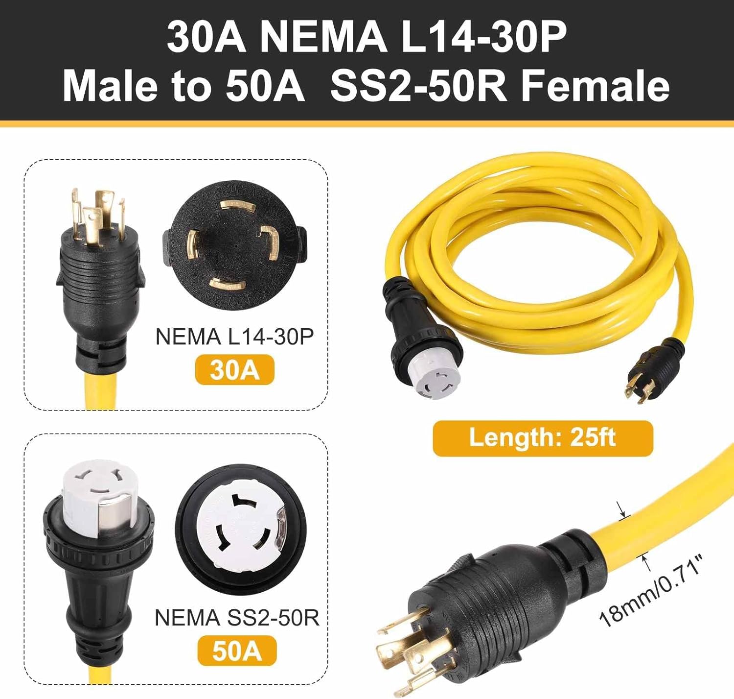 MECCANIXITY 25ft NEMA L14-30P to SS2-50R RV Marine Generator Transfer Switch Adapter Cord, 30A Generator Extension Cord L14-30P Male to 50A Marine Shore Power SS2-50R Female, 125V/250V