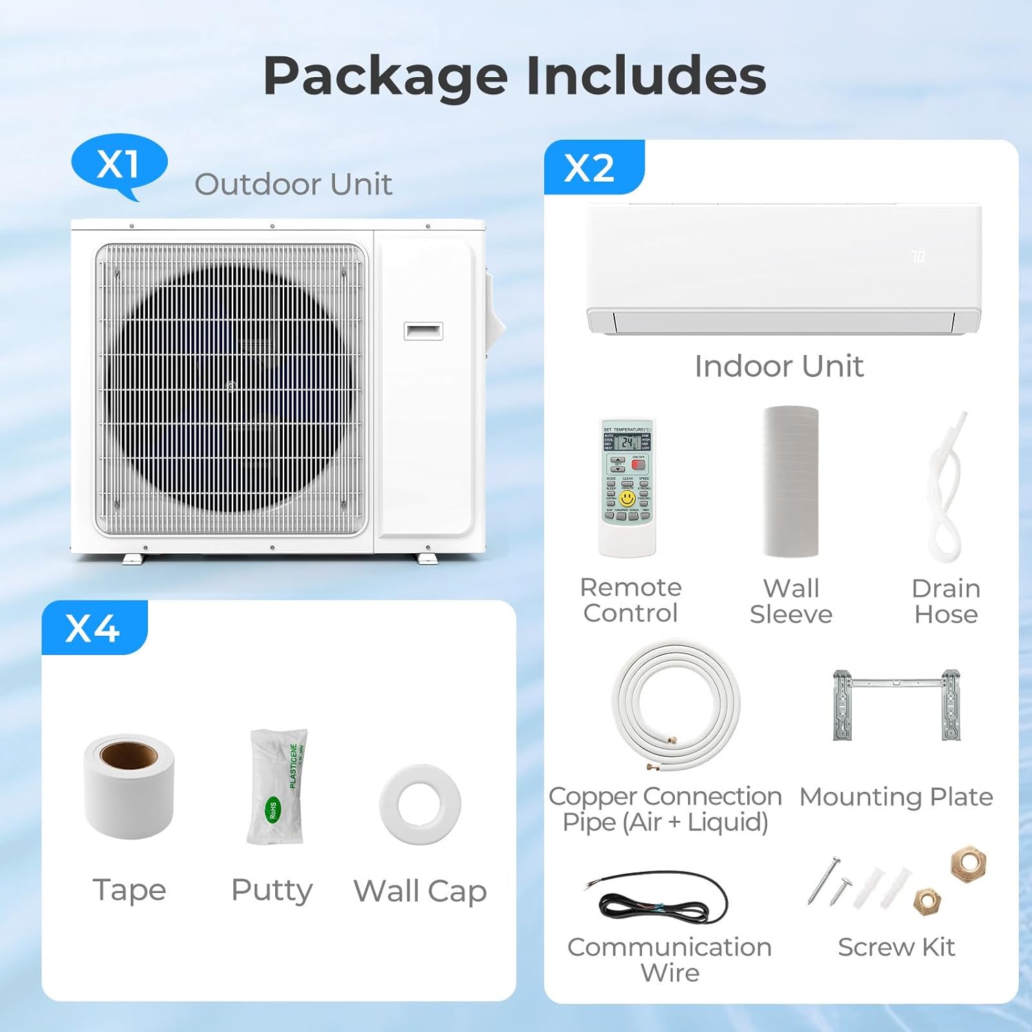 SIMOE 36,000 BTU, Installation Kit, Dual 2 Zone Mini Split Air Conditioner, Wifi-Enabled 23 SEER2 9K BTU+ 12K BTU, Ductless Wall Mounted Inverter, 208-230V, Multi Zones Heat Pump Full Set