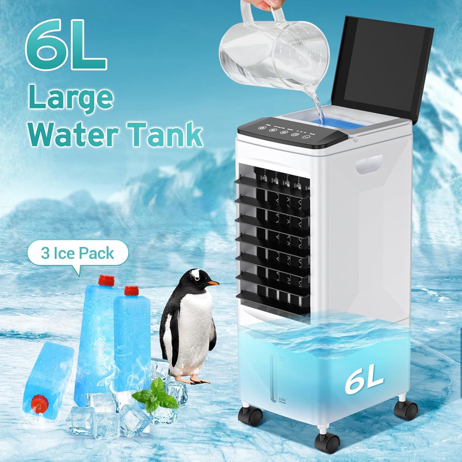 Portable Air Conditioners, 3-IN-1 Air Conditioner Portable with 3 Speeds, 6L Portable AC w/7H Timer, 60°Oscillation, Remote Control Windowless Portable Air Conditioner for Room, Home