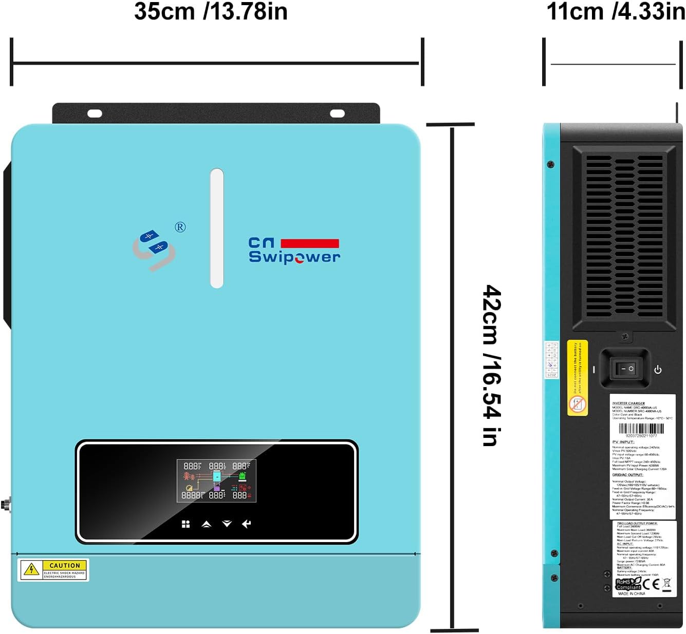 3600W Hybrid Solar Inverter 24VDC to AC 110V/ 60Hz & Built-in 120A MPPT Controller, for Homes Backup & Off-Grid