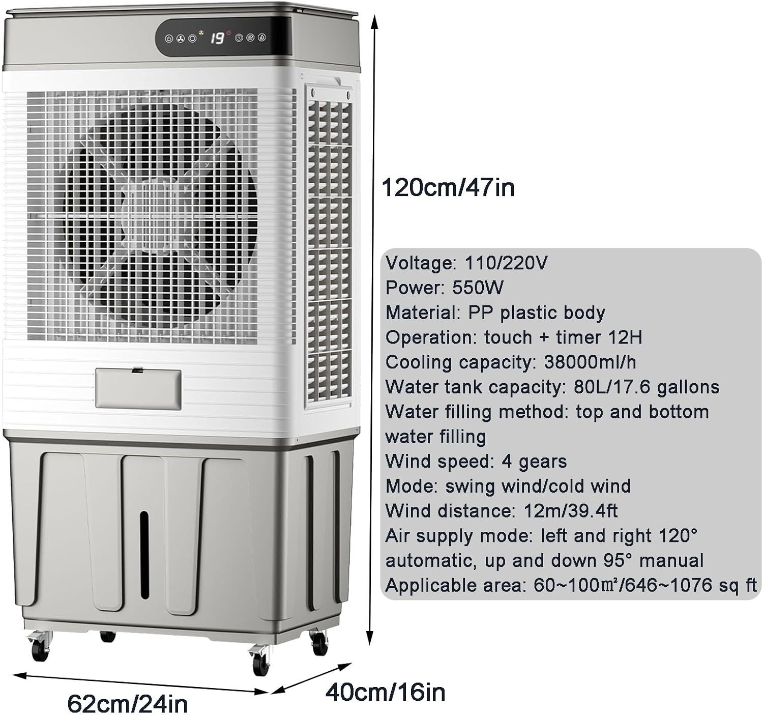 Swamp Cooler, Portable Evaporative Cooler with Remote, Air Conditioner Fan with 17.6 Gal Water Tank, 120° Oscillation, 3 Speeds, 4 Ice Boxes