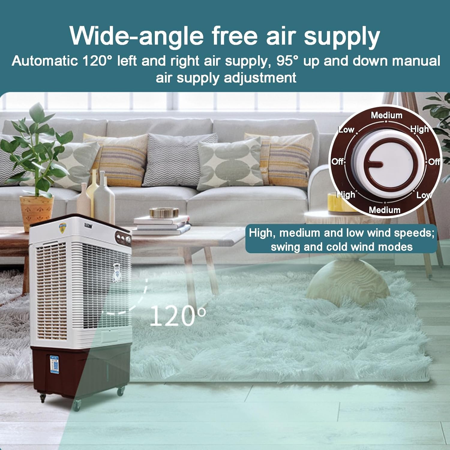 Swamp Cooler, Portable Evaporative Air Cooler, 120° Oscillation Portable Air Conditioner with Knobs, 2 Modes & 3 Speeds for Outdoor Indoor Use