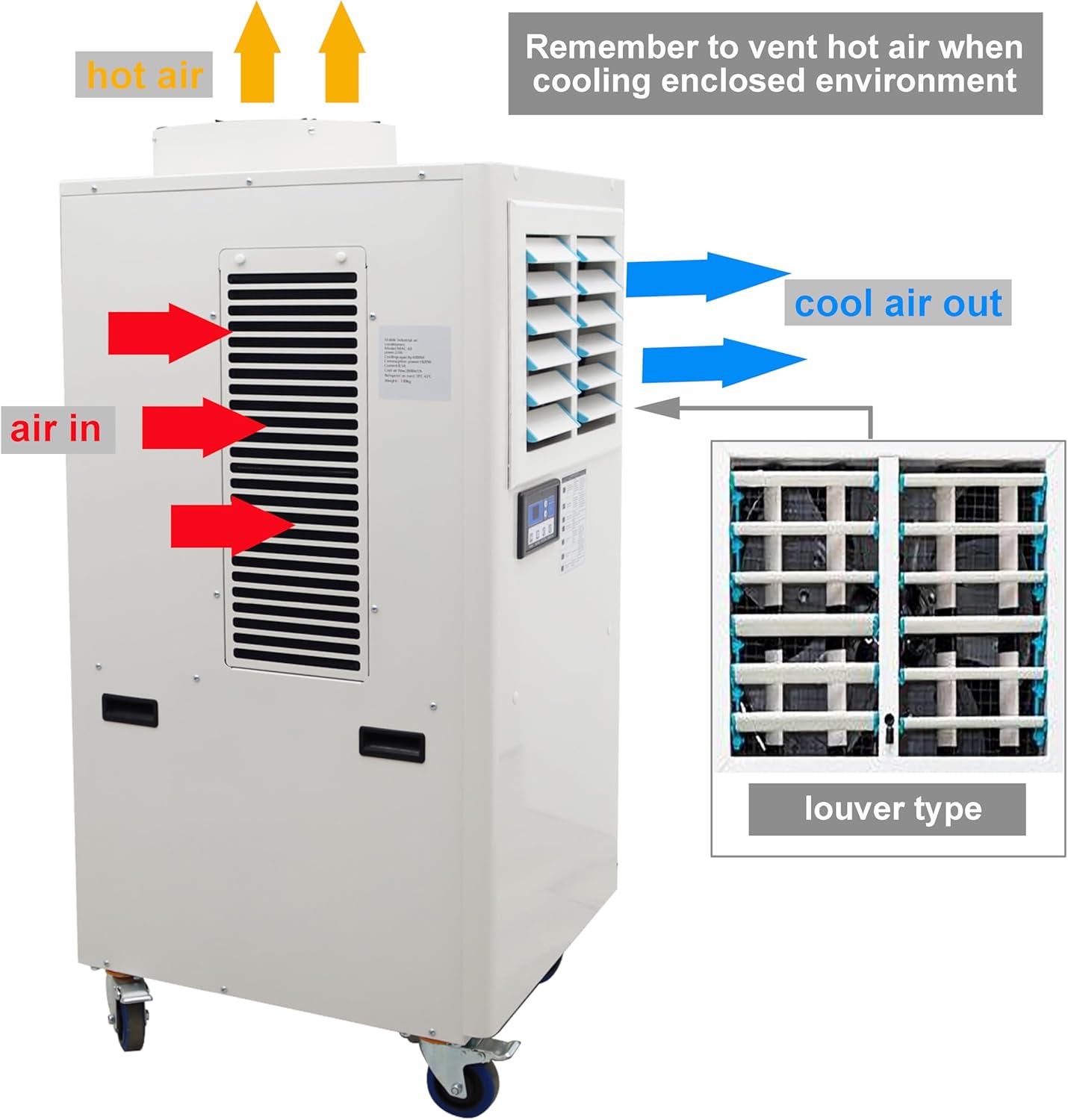 TECHTONGDA Spot Air Conditioner Mobile Cooler Outdoor Indoor Aircon 3800m³/h with Air Vent Louver 220V