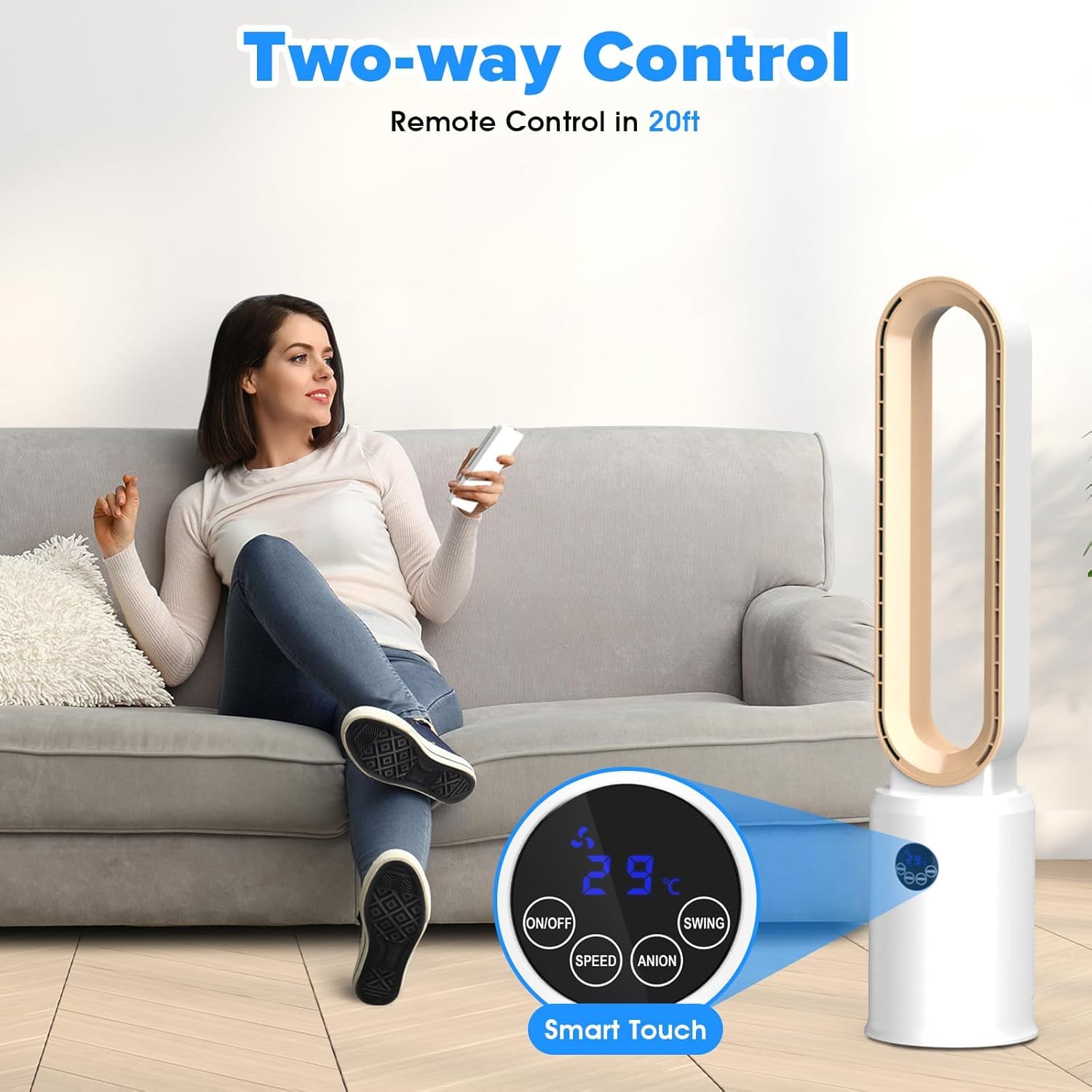Bladeless Tower Fan with Remote, Air Circulator Cooling Fan for Indoor Use, 24 Speeds Settings, 12 Timer, Quiet Oscillating Fan for Home Bedroom, Retro Gold