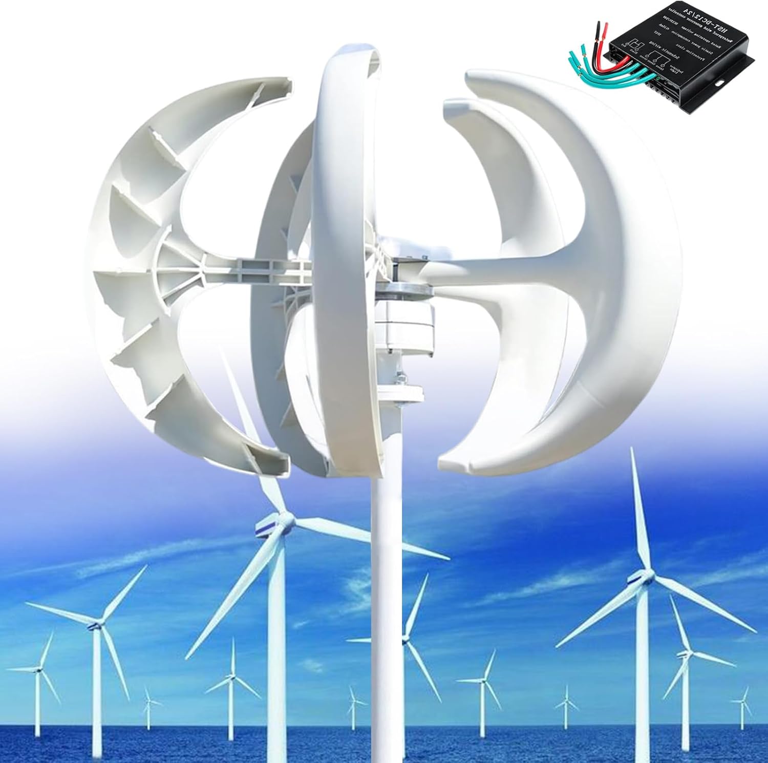 12000W Vertical Wind Turbine Kit, 5-Blade Wind Generator, 3-Phase AC Permanent Magnet, with Controller for Hybrid Wind Solar System (White, 220V)