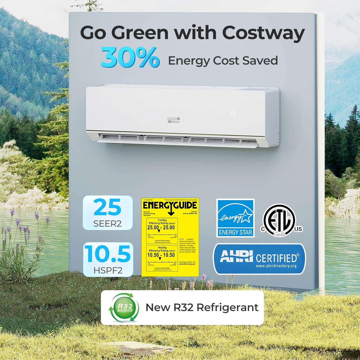 COSTWAY 24000 BTU Mini Split Air Conditioner & Heater, WiFi Enabled 25 SEER2 208-230V Ductless Inverter AC Unit w/2 Ton Heat Pump & Installation Kit, Works w/Alexa, Cools Rooms Up to 1500 Sq.Ft