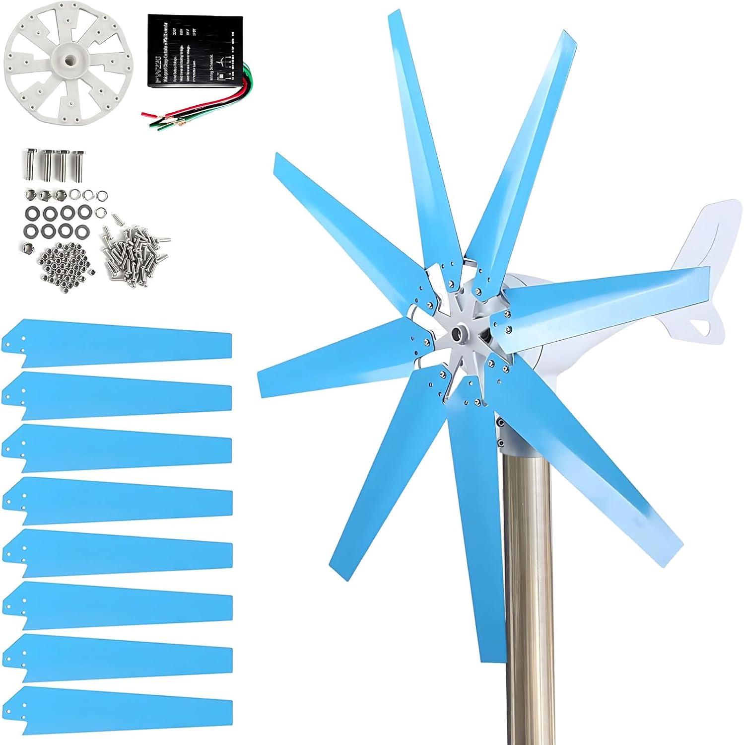 Wind Turbine Generator 100/200/300/400W, 8-Blade Kit with MPPT Controller, Auto Windward Adjustment for Home, Farm, Boat, Off-Grid Power Blue-400W