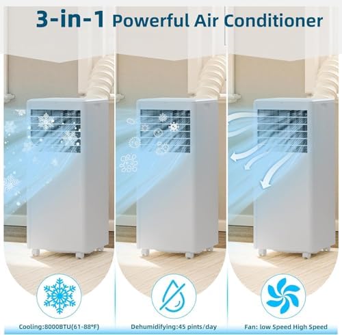 Portable 8000 BTU Air Conditioner with Dehumidifier & Fan – Cools Rooms Up to 300 Sq.Ft, Includes Remote Control for Bedroom, Kitchen, or Office