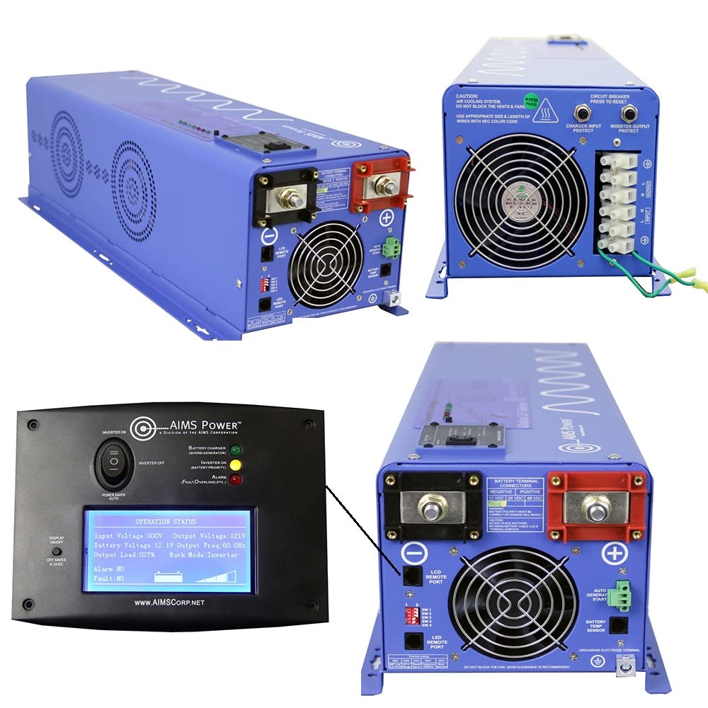 AIMS Power 6000 Watt / 18000 Watt Peak Pure Sine Inverter Charger 24 VDC / 240 VAC Input to 120/240 VAC Output with LCD Remote