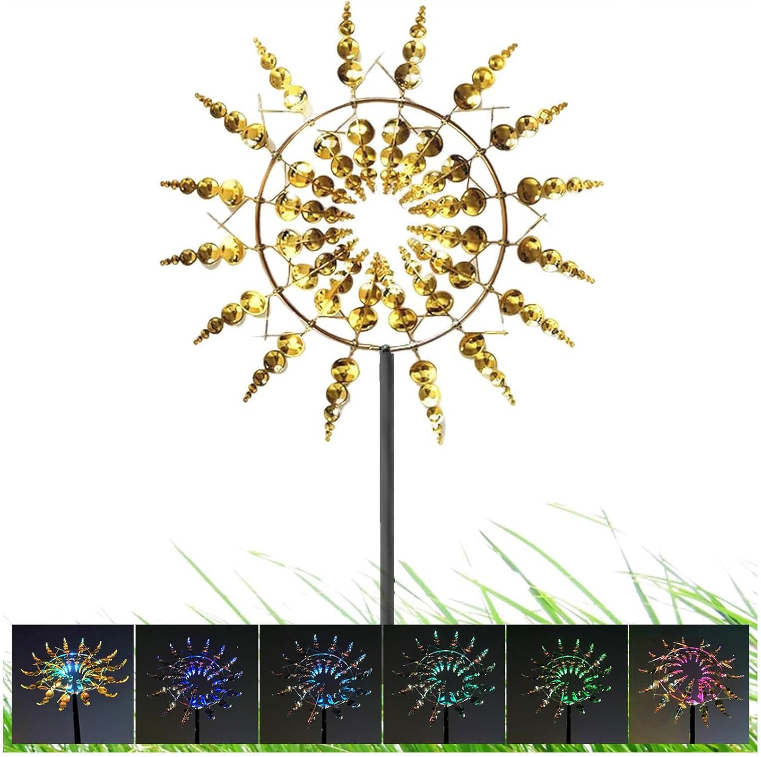 Solar Magical Metal Windmill, Kinetic Wind Spinner 3D Wind Powered, 13.4 x 71in Yard Metal Wind Spinner,Gold