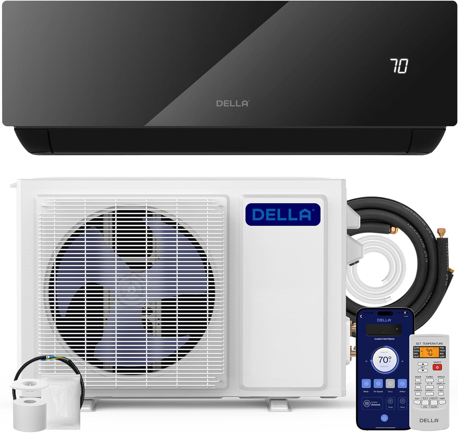 DELLA Umbra Series 18000 BTU Energy Saving Mini Split Work with Alexa 19 SEER2 Cools Up to 1000 Sq.Ft Split AC & 1.5 Ton Heat Pump Ductless Pre-Charged Inverter System