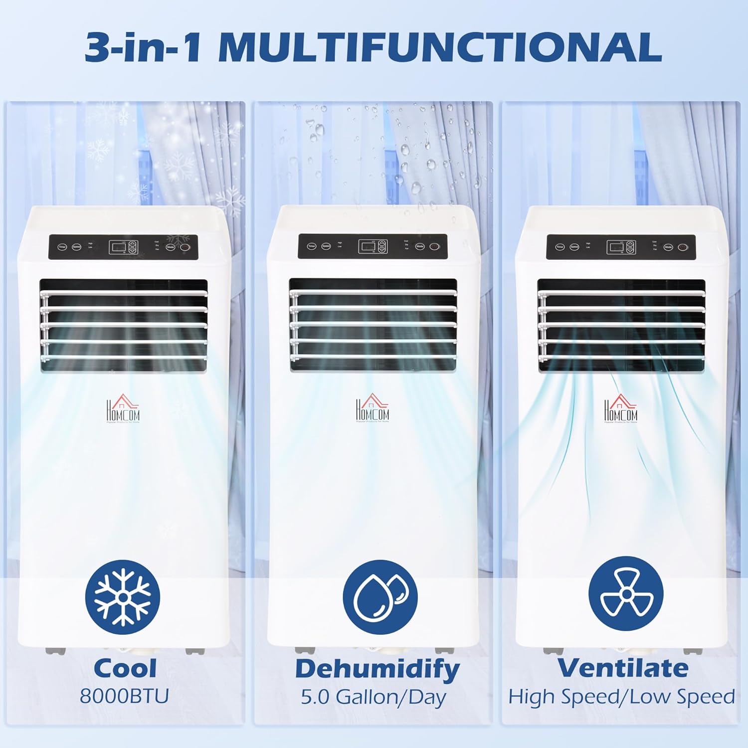 8000 BTU Portable Air Conditioner - Cooling, Dehumidifying, & Ventilating - For Bedroom, Office, & Living Room