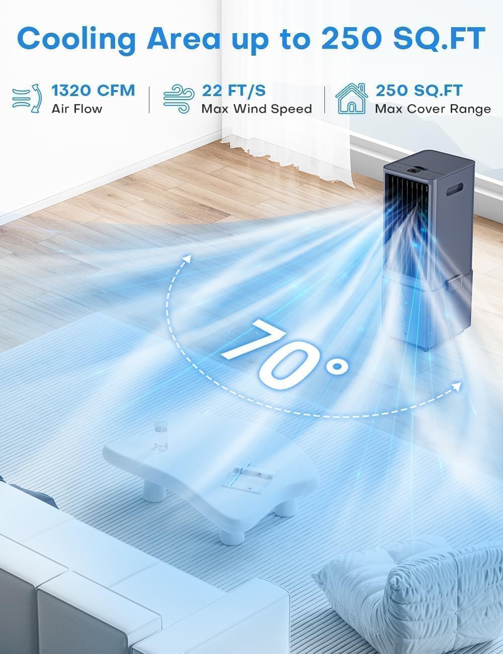 Windowless Air Conditioner w/ 4 Modes & 3 Speeds, Waterless Alert, 2.4-Gal Tank for 20H Cooling, 12H Timer, 20FT Remote, 70° Auto Swing Evaporative Air Cooler, Portable AC Unit for Bedroom