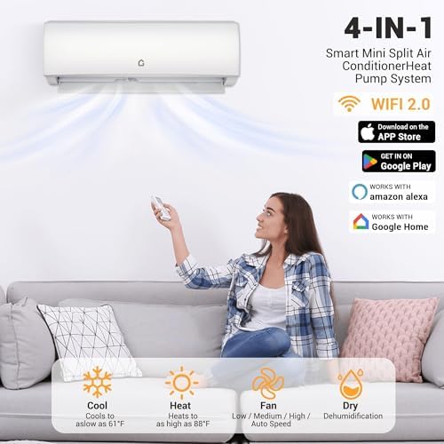 9000 BTU Mini Split Air Conditioner & Heater, 20 SEER2, Inverter, WiFi-Enabled, 230v, Ductless AC Unit with Heat Pump, Pre-Charged Condenser, Installation Kit, Compatible with Alexa/