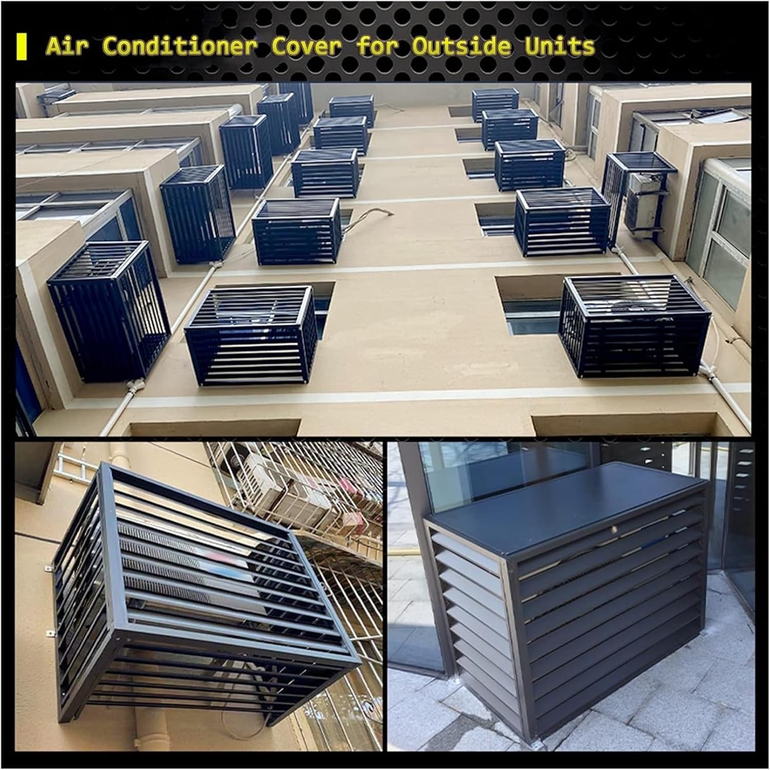 Outdoor Privacy Screen Air Conditioner Fence Trash Can Enclosure Decorative Aluminum Protective AC Cover Freestanding Fence For Garden Patio Lawn Flower Stand Window Fence(Black b,1.5P: L100*W50*H70CM