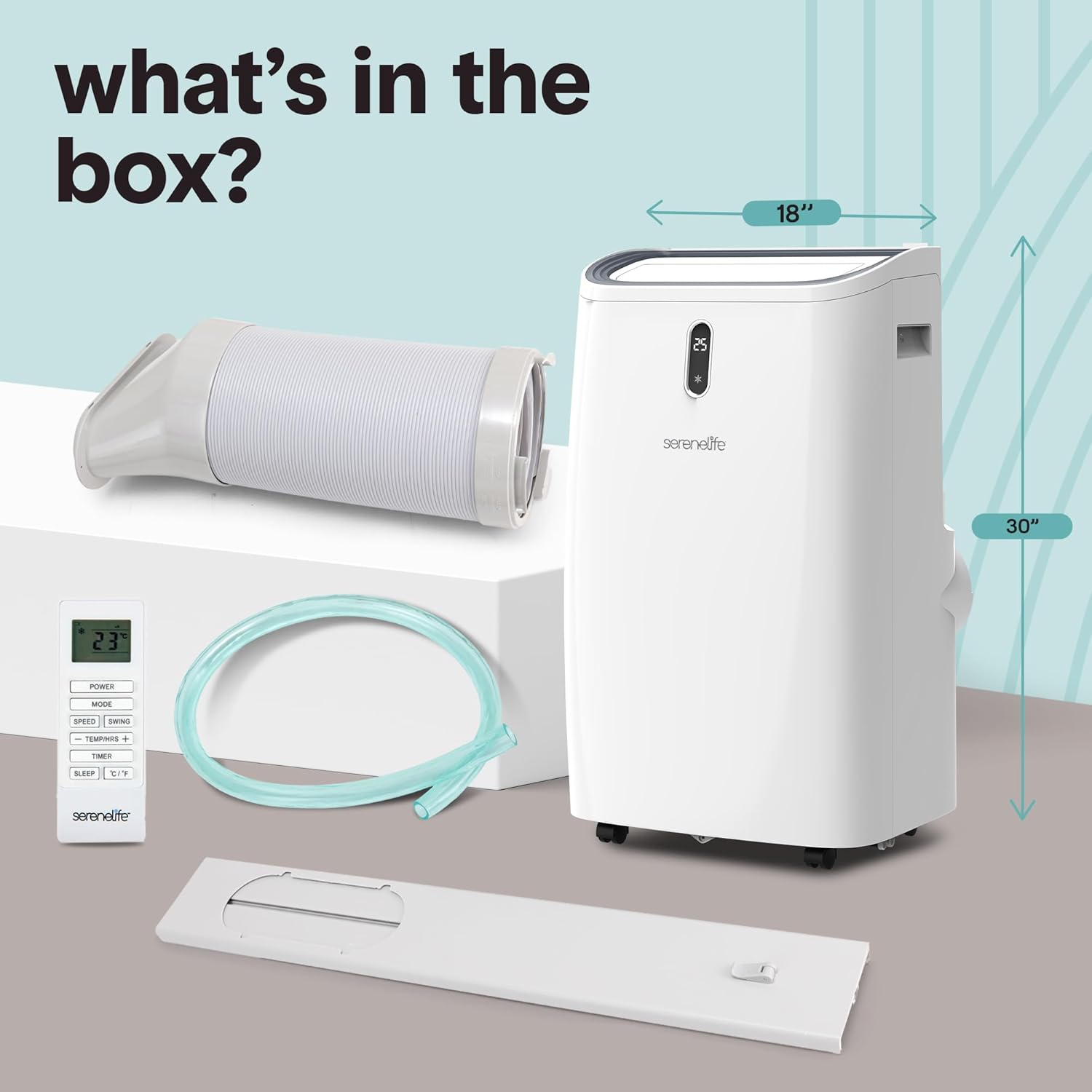 SereneLife 12,000 BTU Portable Air Conditioner - Compact Room Air Conditioner with Dehumidifier & Fan, Mini AC Unit for Rooms Up to 550 Sq. Ft., Window Kit Included, Rolling Wheels, Black