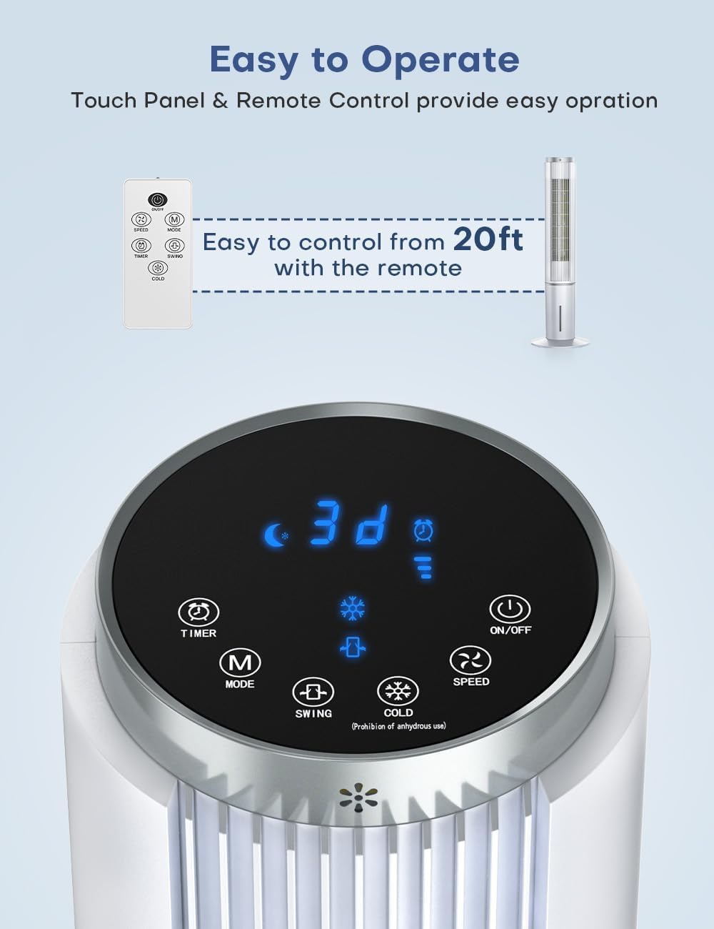 42 INCH Evaporative Air Cooler w/Remote &LED Touch Screen, 4 Mode &3 Speed, 1-Gal Tank for 15H Cooling, 12H Timer for Auto Off, 70°Oscillation Portable Swamp Cooler, Air Cooler for Room Patio